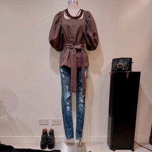 💋GORGEOUS💋 Vintage Puff Sleeve Metallic Copper Detail Belted Top